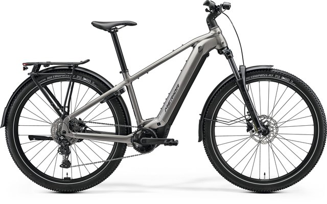 Merida eFLOAT CC 400 EQ electric crossover bicycle in Warm Slate Grey and Black