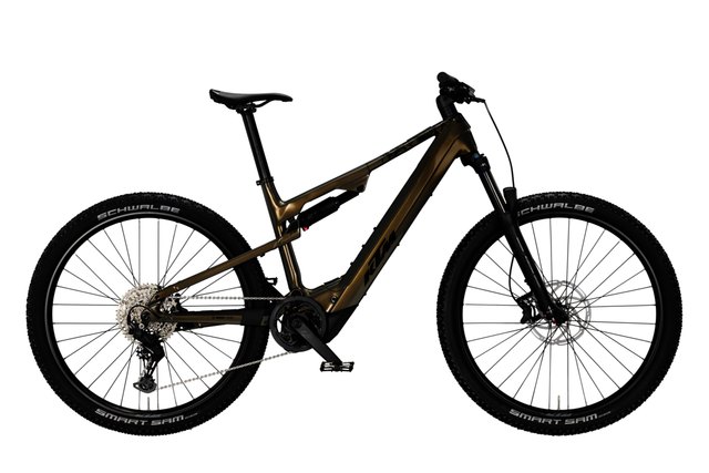 KTM Macina Chacana CX 720 olive pearl full suspension electric mountain bicycle, side view