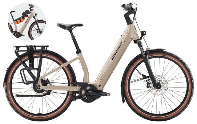 Diamant Suvea Style 800 lowstep e-bike, official product image with optional accessory bar inset