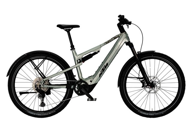 KTM Macina Chacana 892 LFC emerald grey full suspension electric mountain bicycle, side view