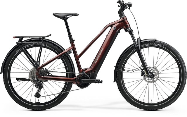 Merida eFLOAT CC L 500 EQ low step-through electric crossover bicycle in Wild Berry and Warm Slate Grey