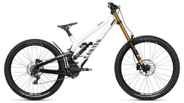 Canyon Sender CFR CLLCTV downhill bicycle, white and black, drive-side view