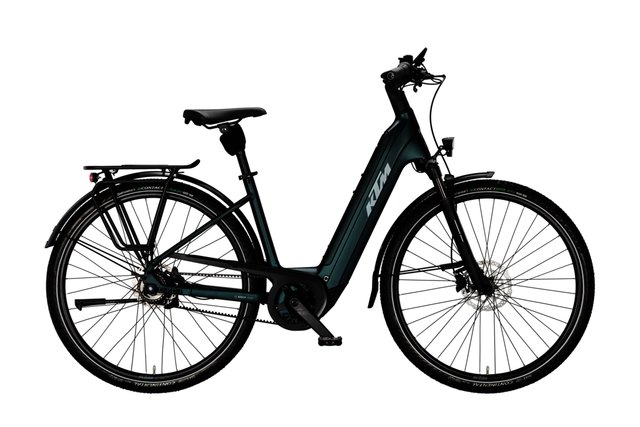 KTM Macina City PX 720 Belt RT dark sea step-through electric city bicycle, side view