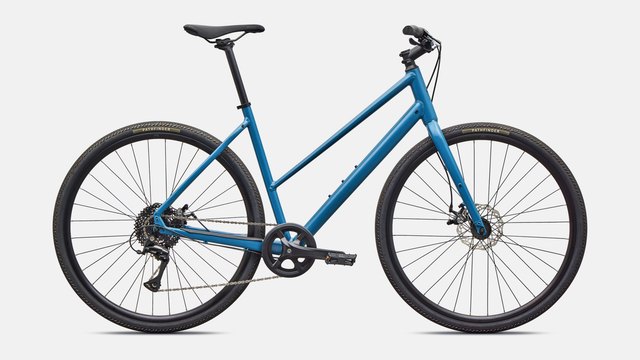 Specialized Sirrus X 1.0 Step-Through 2026 in Satin Grey Blue, drive-side view