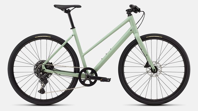 Specialized Sirrus X 3.0 Step-Through 2026 in Satin Pistachio, drive-side view