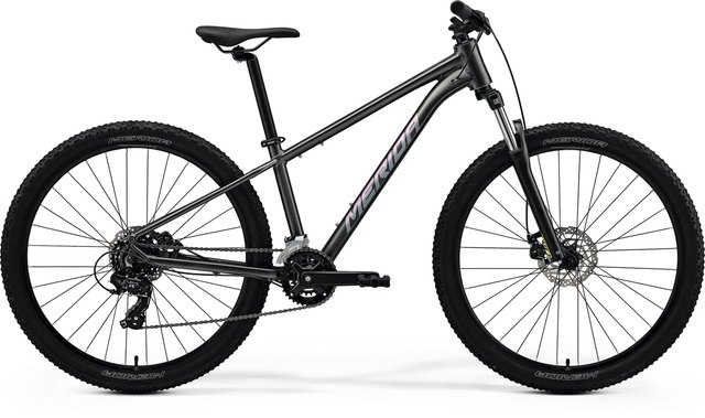 Merida BIG.SEVEN 15 hardtail mountain bicycle in Silk Gunmetal Grey and Blue, side view