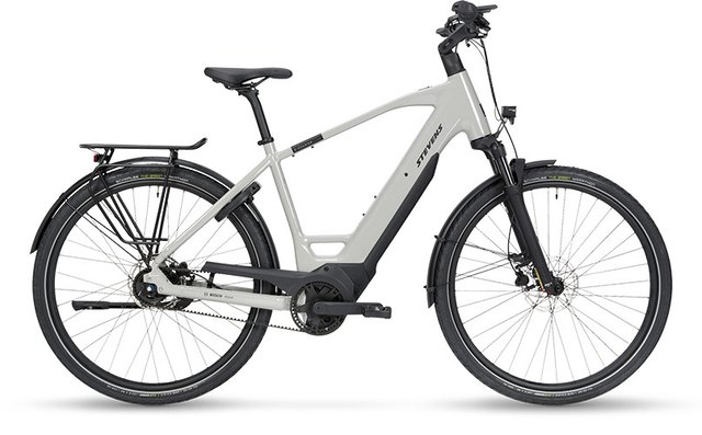 Stevens E-Courier 6.5.1 Plus HT Sand Grey electric city bike, side view