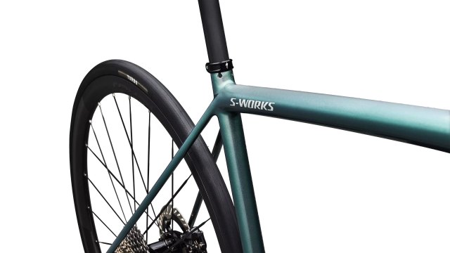 Specialized S-Works Aethos 2 FACT 12r frame in Fjord Metallic, manufacturer seat-cluster detail
