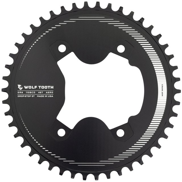 Wolf Tooth Components Aero 110 BCD Asymmetric 4-Bolt Chainrings for Shimano GRX 800 Cranks. Manufacturer reference photo; color and size may vary.