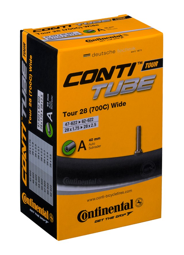 Continental ContiTube Tour 28 Wide Schrader 40 mm Inner Tube. Manufacturer reference photo; color and size may vary.