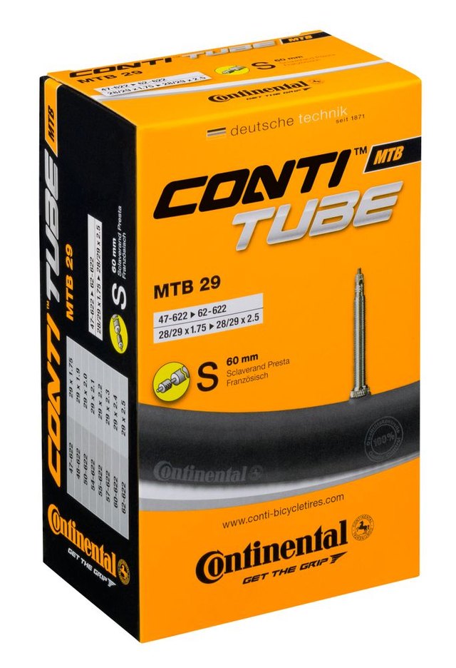 Continental ContiTube MTB 29 Presta 60 mm Inner Tube. Manufacturer reference photo; color and size may vary.