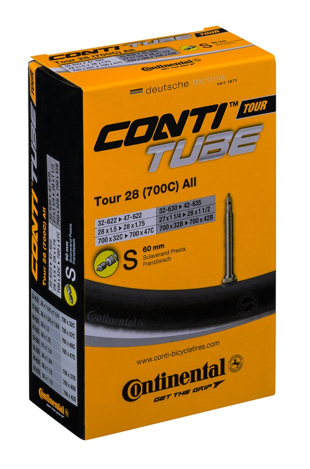 Continental ContiTube Tour 28 All Presta 80 mm Inner Tube. Manufacturer reference photo; color and size may vary.