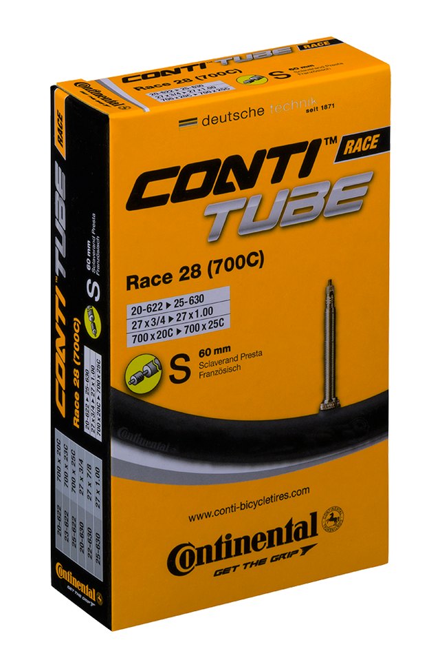 Continental ContiTube Race 28 All Presta 60 mm Inner Tube. Manufacturer reference photo; color and size may vary.