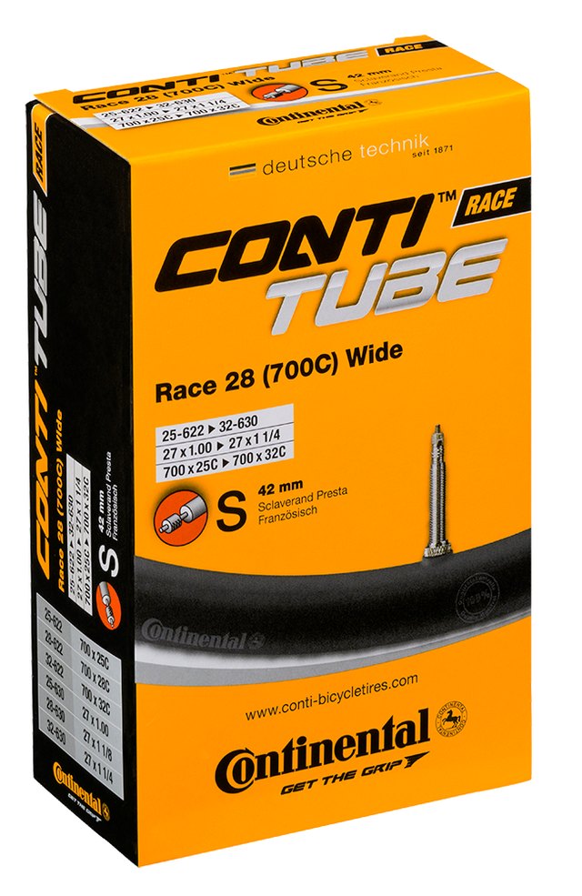 Continental ContiTube Race 28 Wide Presta 42 mm Inner Tube. Manufacturer reference photo; color and size may vary.