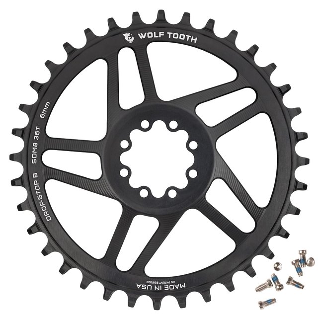 Wolf Tooth Components Direct Mount Chainrings for SRAM 8-Bolt Mountain Cranks. Manufacturer reference photo; color and size may vary.
