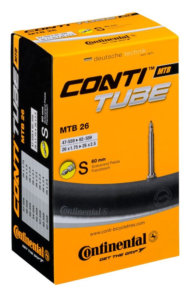 Continental ContiTube MTB 26 Presta 60 mm Inner Tube. Manufacturer reference photo; color and size may vary.
