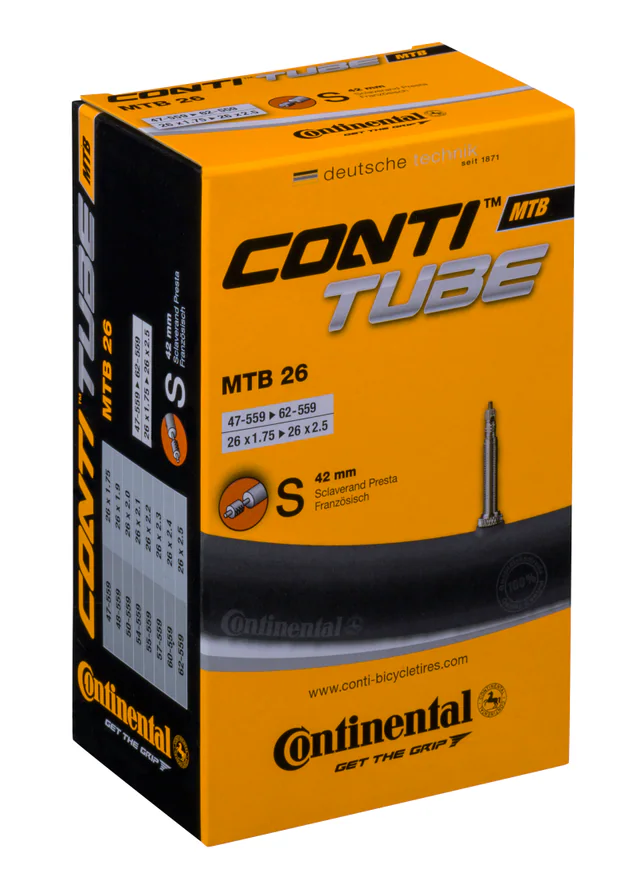 Continental ContiTube MTB 26 Presta 42 mm Inner Tube. Manufacturer reference photo; color and size may vary.
