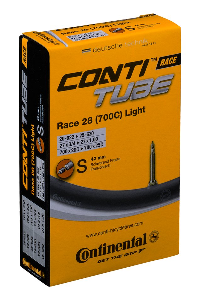 Continental ContiTube Race 28 Light Presta 42 mm Inner Tube. Manufacturer reference photo; color and size may vary.