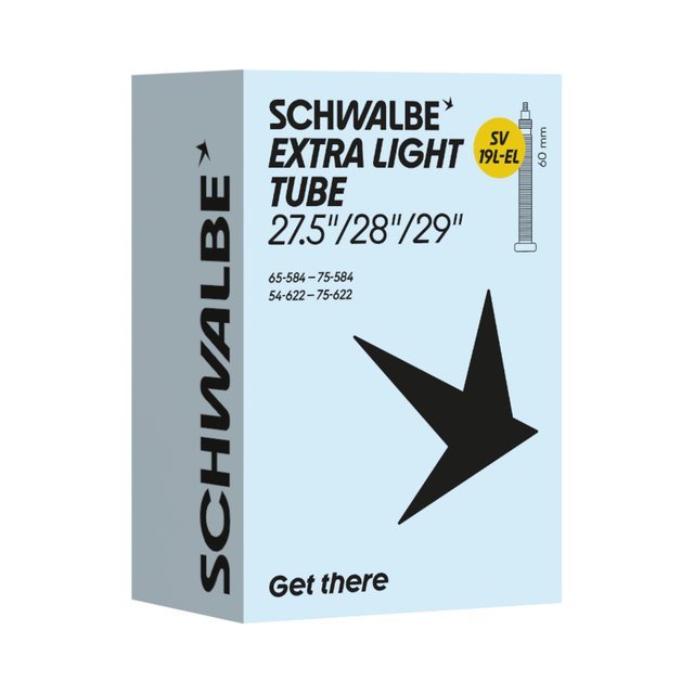 Schwalbe Extra Light Tube 19L-EL Bicycle Inner Tube. Manufacturer reference photo; color and size may vary.