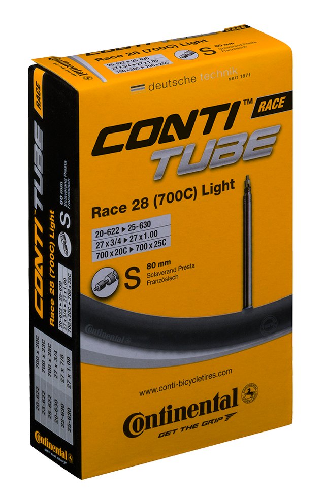 Continental ContiTube Race 28 Light Presta 80 mm Inner Tube. Manufacturer reference photo; color and size may vary.