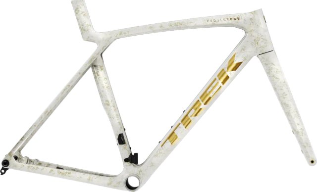 White and gold Trek Madone SLR Gen 8 carbon frameset with matching fork