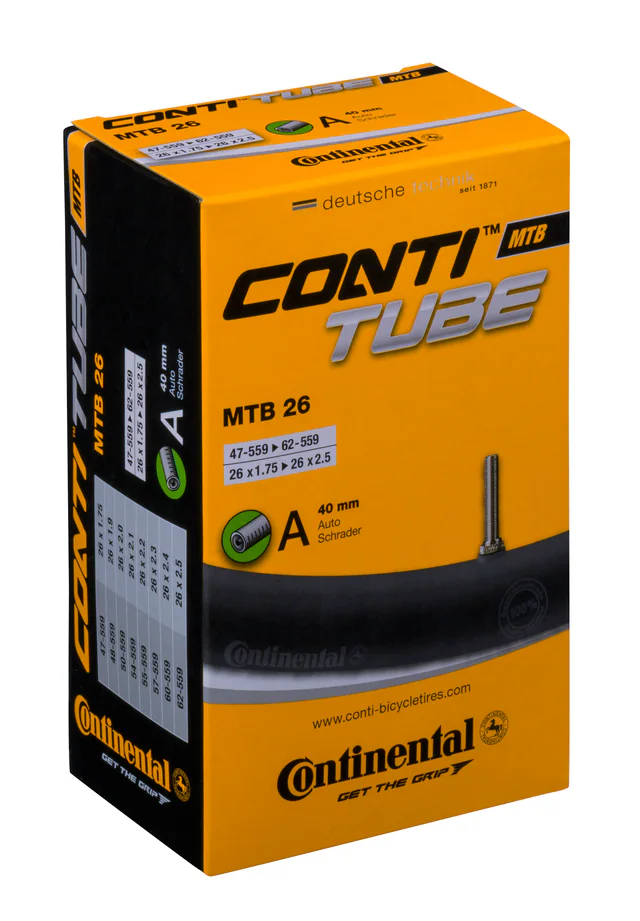 Continental ContiTube MTB 26 Schrader 40 mm Inner Tube. Manufacturer reference photo; color and size may vary.