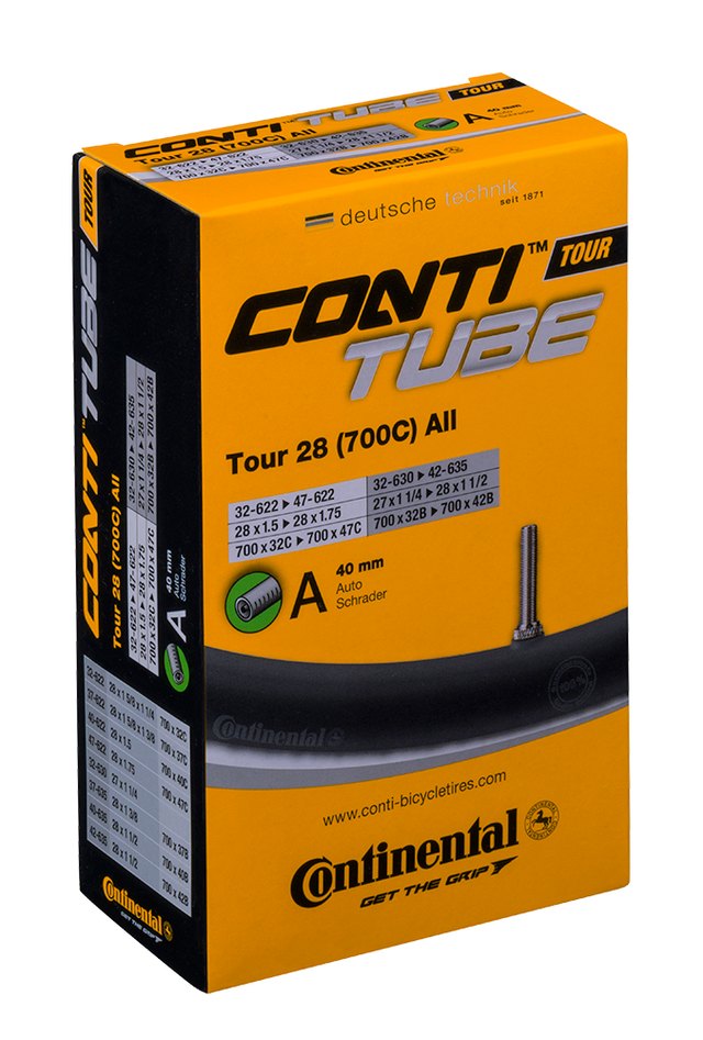 Continental ContiTube Tour 28 All Schrader 40 mm Inner Tube. Manufacturer reference photo; color and size may vary.