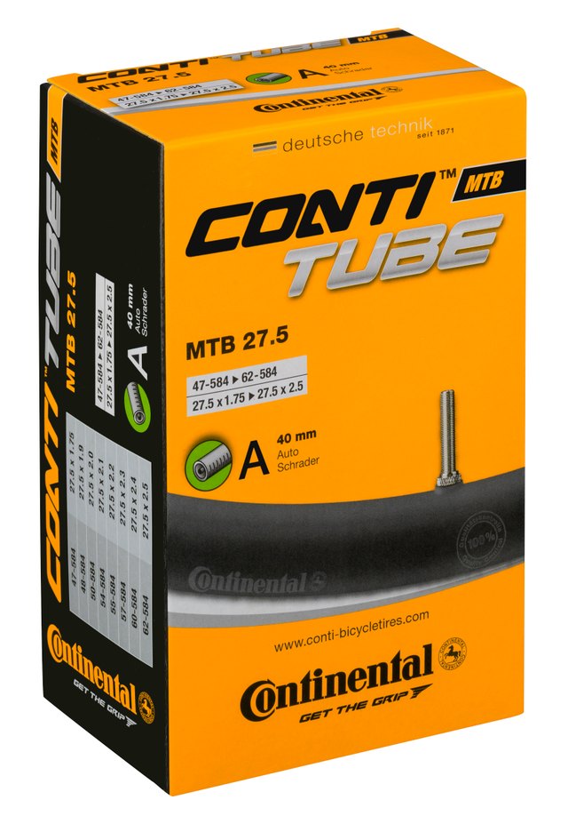 Continental ContiTube MTB 27.5 Schrader 40 mm Inner Tube. Manufacturer reference photo; color and size may vary.