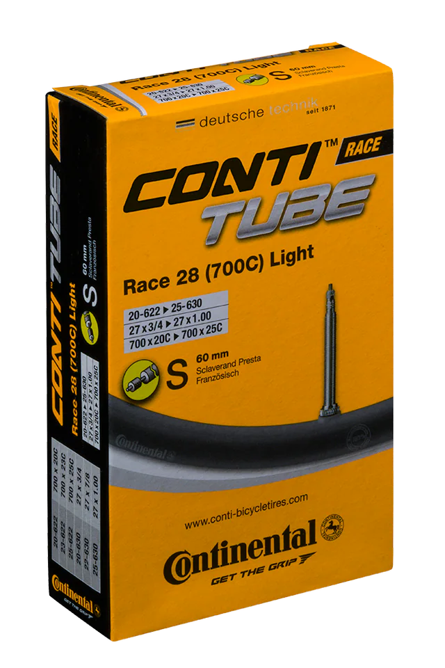 Continental ContiTube Race 28 Light Presta 60 mm Inner Tube. Manufacturer reference photo; color and size may vary.
