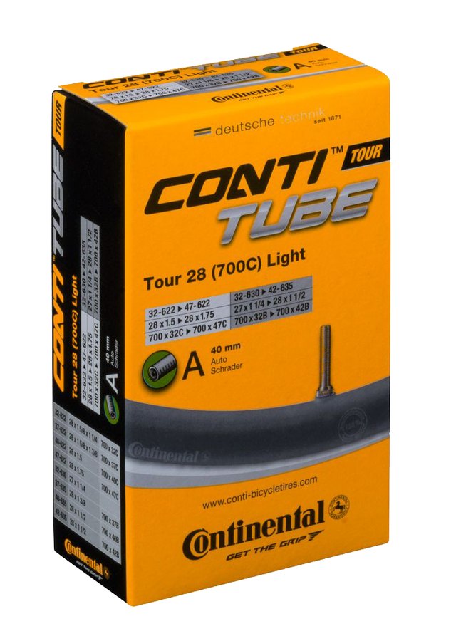Continental ContiTube Tour 28 Light Schrader 40 mm Inner Tube. Manufacturer reference photo; color and size may vary.