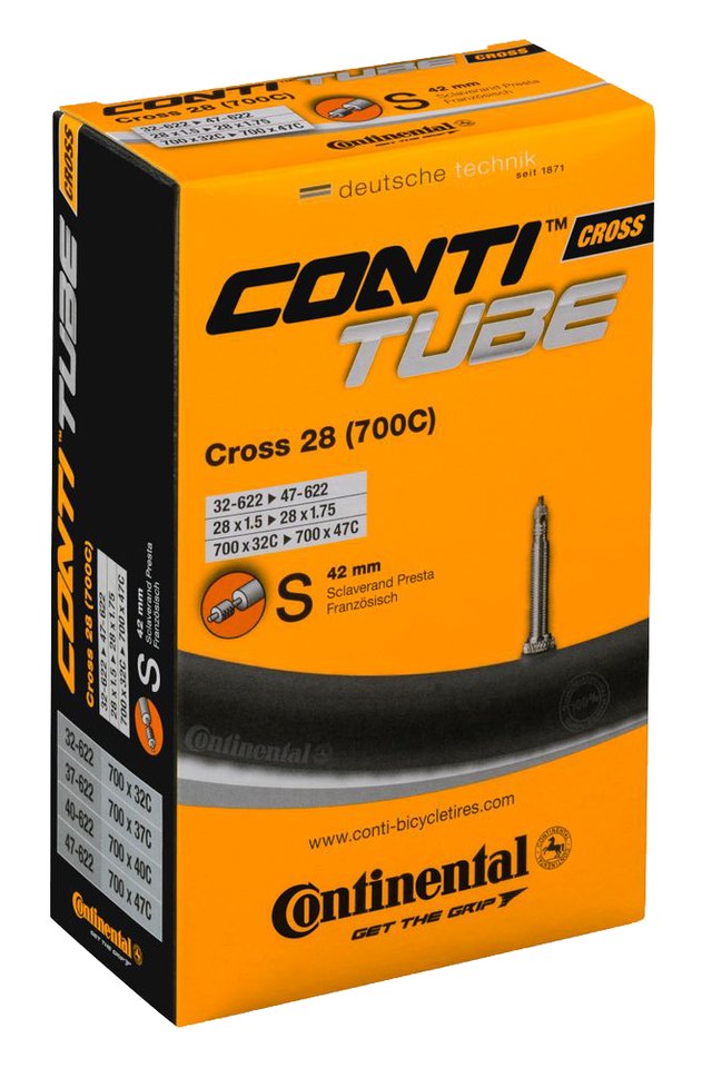 Continental ContiTube Cross 28 Presta 42 mm Inner Tube. Manufacturer reference photo; color and size may vary.