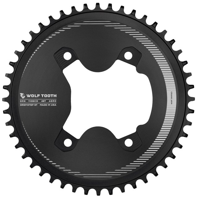 Wolf Tooth Components Aero 110 BCD Asymmetric 4-Bolt Chainrings for Shimano GRX 800 Cranks. Manufacturer reference photo; color and size may vary.