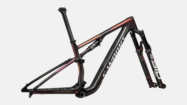 Specialized S-Works Epic 8 2024 frameset in Carbon and Viavi colors, rear three-quarter view