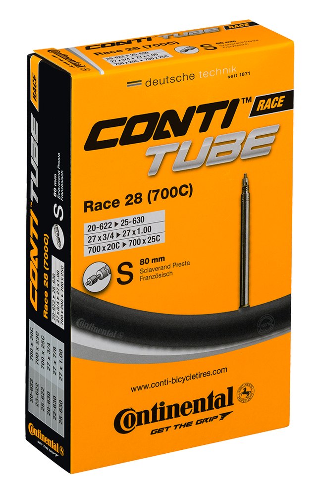 Continental ContiTube Race 28 All Presta 80 mm Inner Tube. Manufacturer reference photo; color and size may vary.