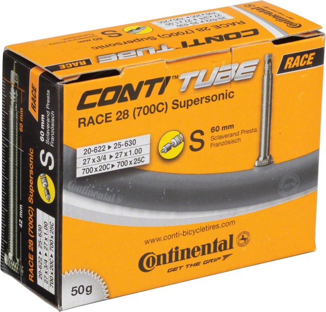 Continental ContiTube Race 28 Supersonic Presta 60 mm Inner Tube. Manufacturer reference photo; color and size may vary.