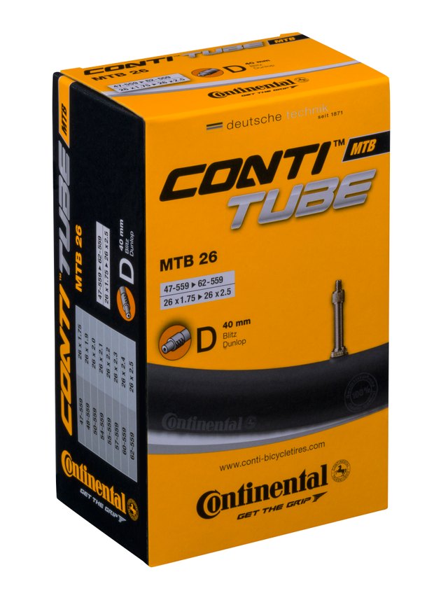 Continental ContiTube MTB 26 Dunlop 40 mm Inner Tube. Manufacturer reference photo; color and size may vary.