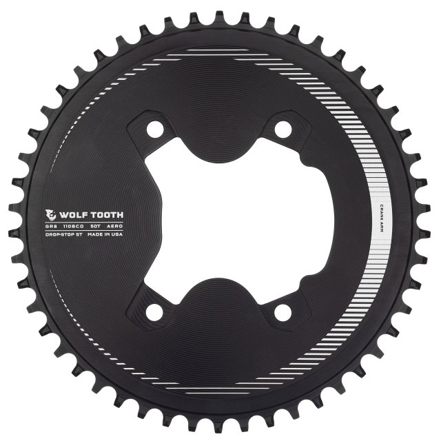 Wolf Tooth Components Aero 110 BCD Asymmetric 4-Bolt Chainrings for Shimano GRX 800 Cranks. Manufacturer reference photo; color and size may vary.