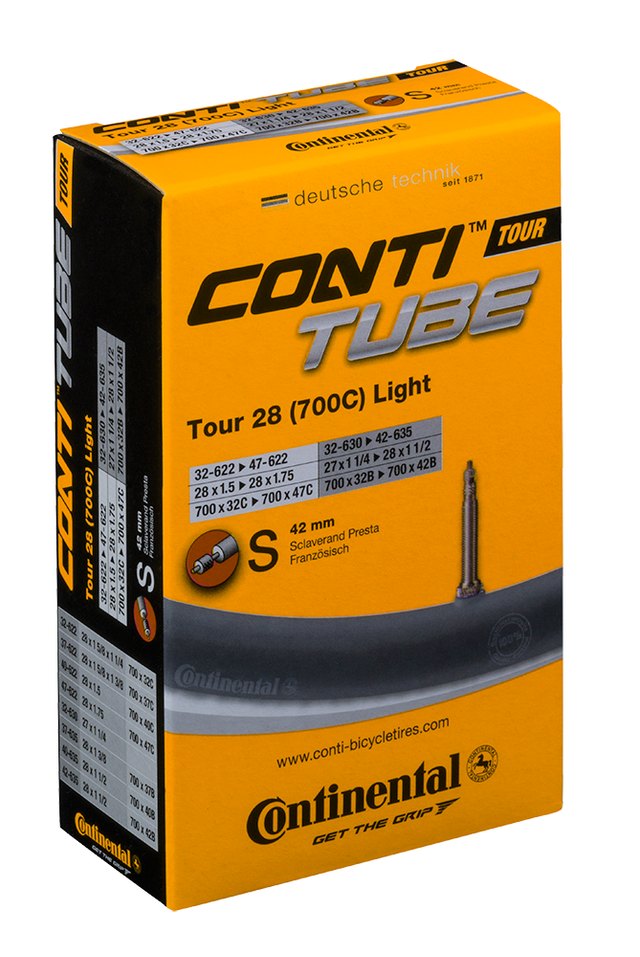 Continental ContiTube Tour 28 Light Presta 42 mm Inner Tube. Manufacturer reference photo; color and size may vary.