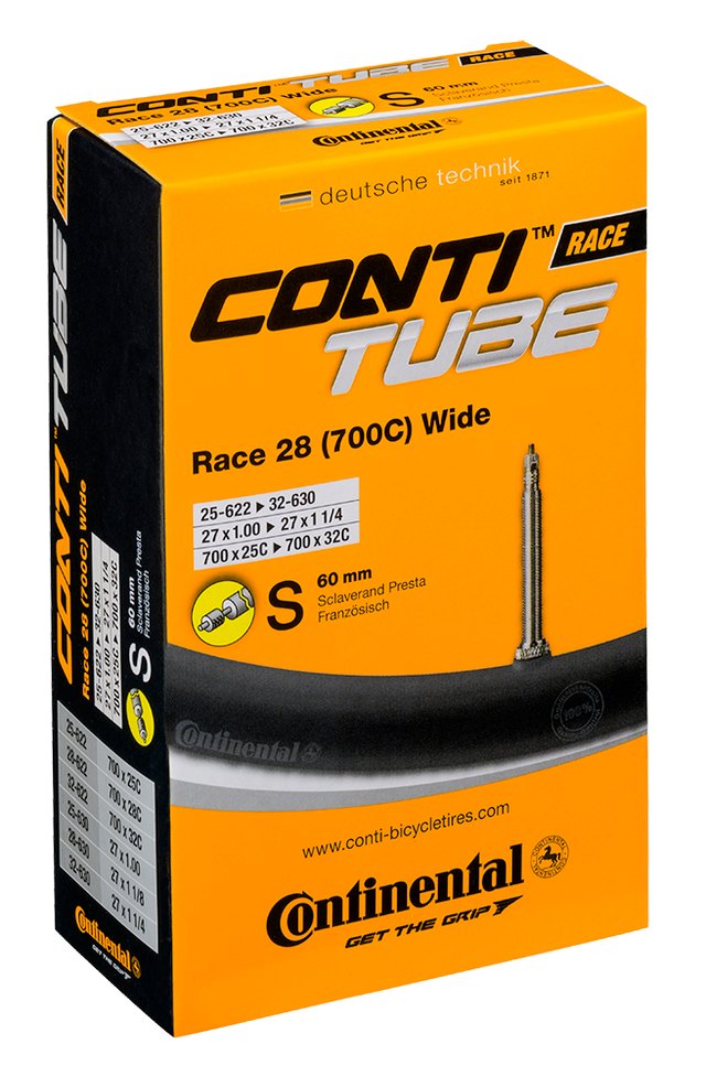 Continental ContiTube Race 28 Wide Presta 60 mm Inner Tube. Manufacturer reference photo; color and size may vary.