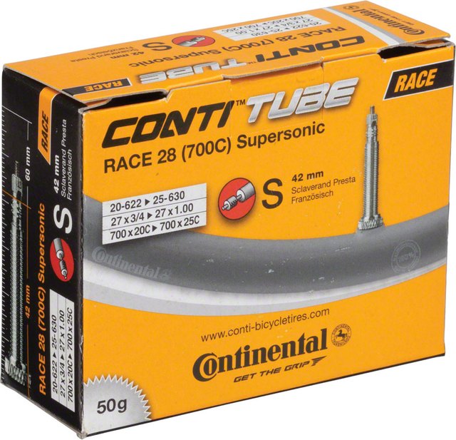 Continental ContiTube Race 28 Supersonic Presta 42 mm Inner Tube. Manufacturer reference photo; color and size may vary.