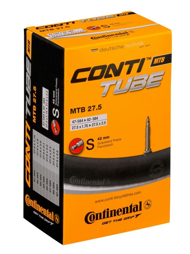 Continental ContiTube MTB 27.5 Presta 42 mm Inner Tube. Manufacturer reference photo; color and size may vary.