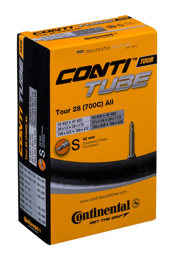 Continental ContiTube Tour 28 Wide Presta 42 mm Inner Tube. Manufacturer reference photo; color and size may vary.